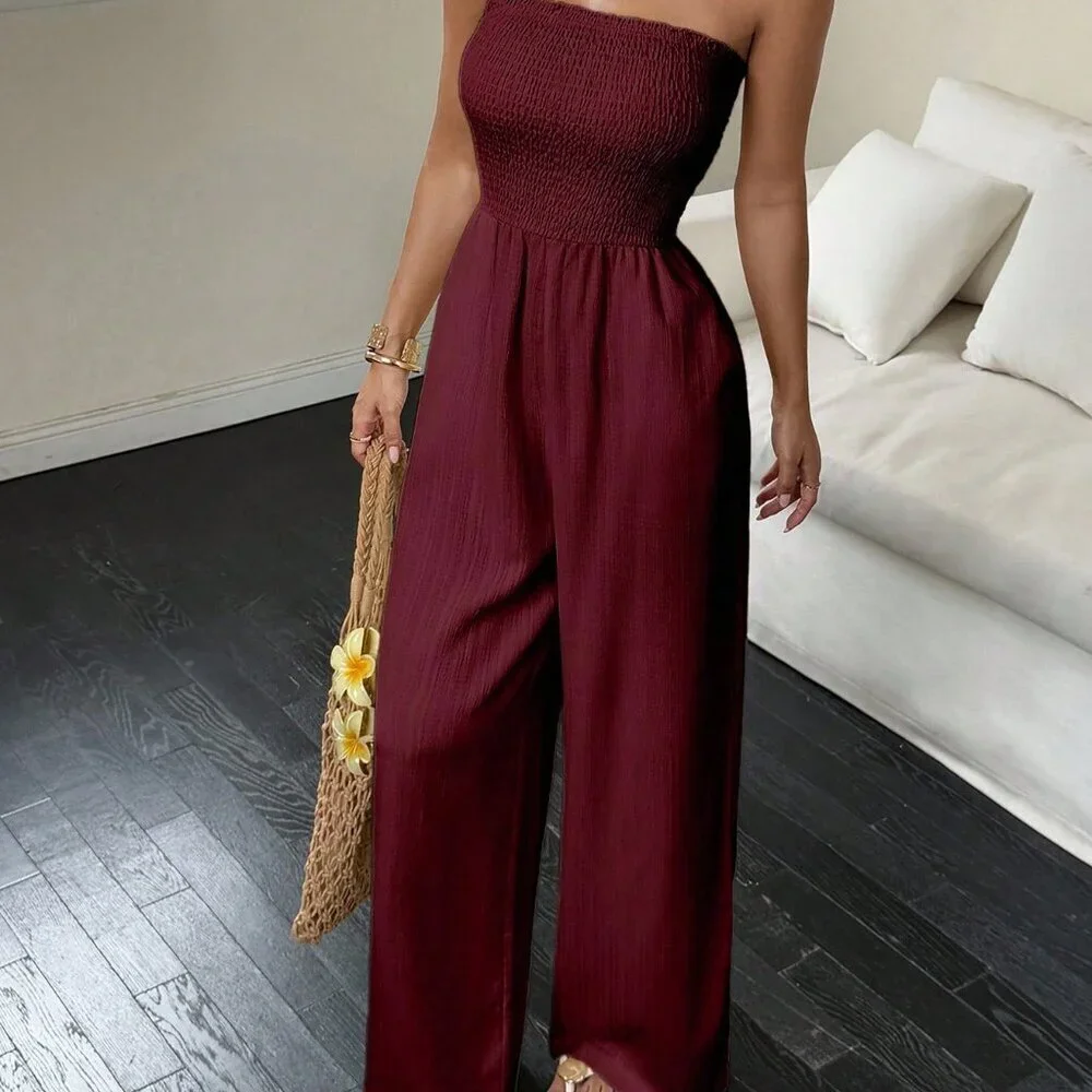 Burgundy Casual Women's Sexy Pleated Off-Shoulder Sleeveless Jumpsuit - Picture 7 of 7